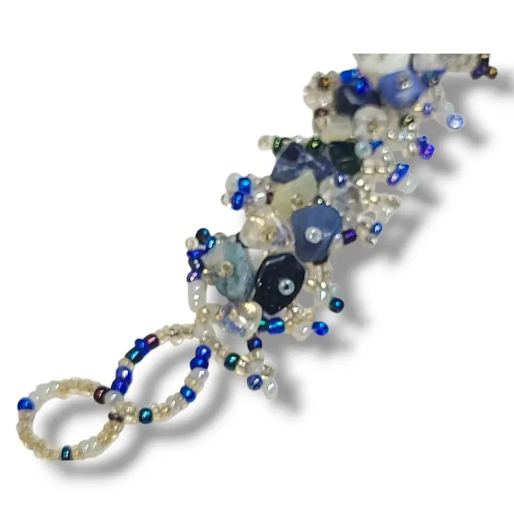 Blue & White Glass‎ Bead Woven Wide Cuff Wrap Bracelet 7